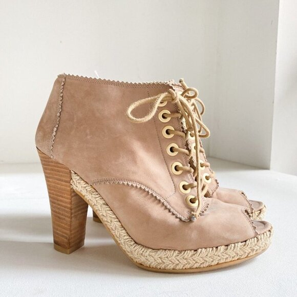 Stuart Weitzman Light Beige Suede Espadrille Detail Heeled Peep Toe Booties 7.5 - Picture 3 of 7